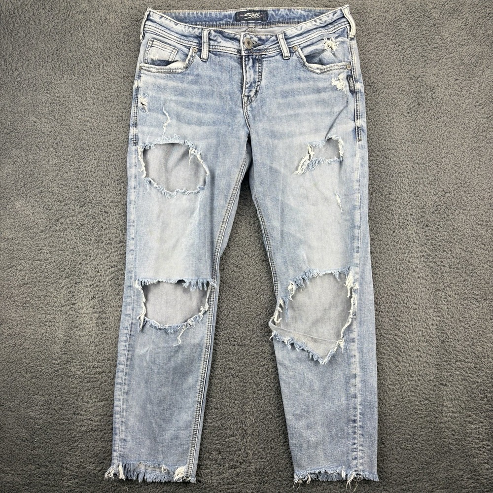 Silver Jeans Women 27x27 (30x26) Sam Distressed Thrashed Light Blue‎ Denim